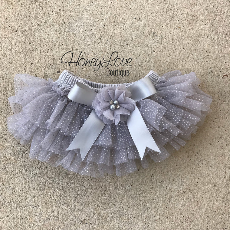 Gray and silver glitter tutu skirt bloomer - embellished flower - HoneyLoveBoutique