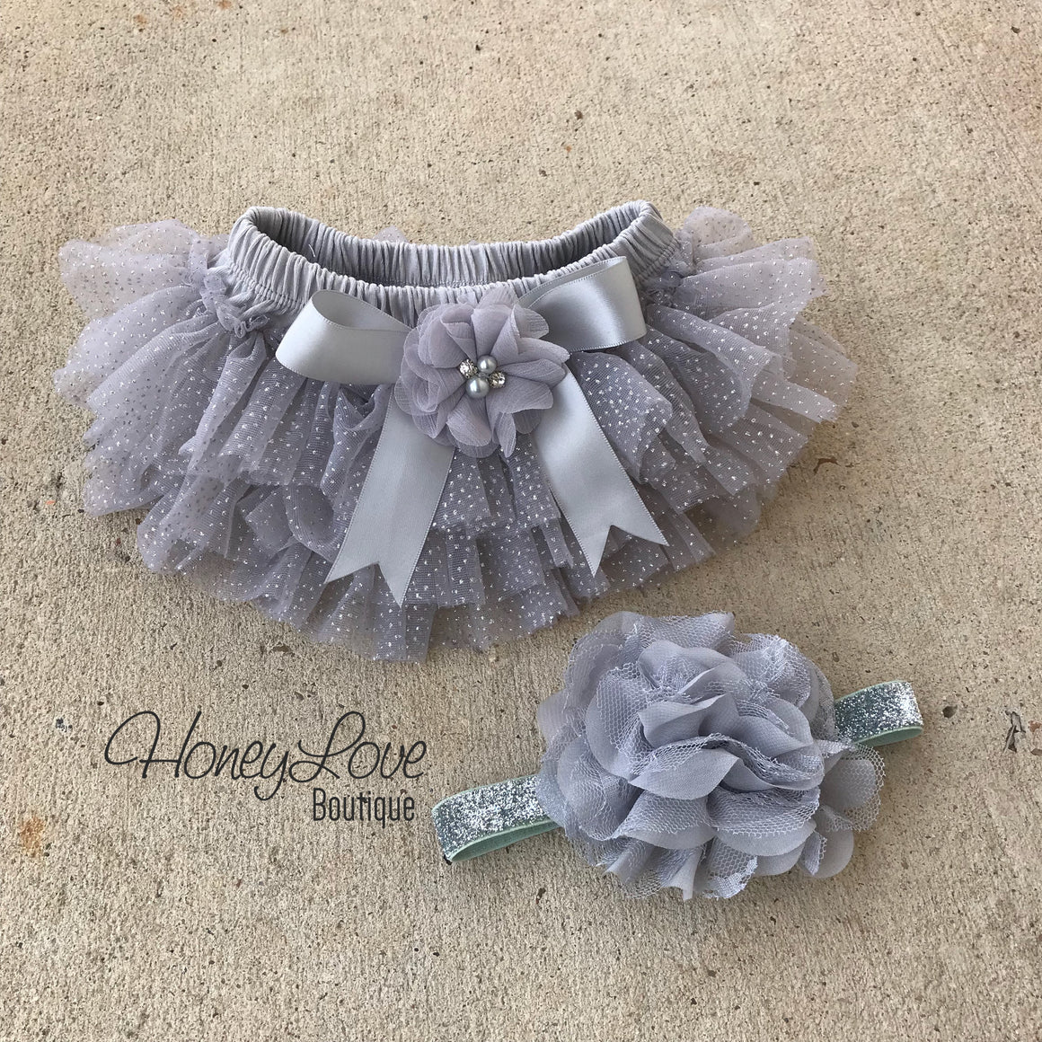 Personalized Name inside Heart - Gray and Silver Glitter - embellished tutu skirt bloomers - HoneyLoveBoutique