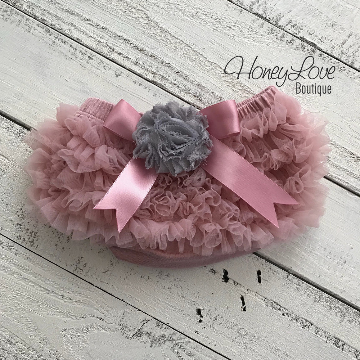 Vintage Pink ruffle bottom bloomers and pearl rhinestone flower headband - embellished gray flower - HoneyLoveBoutique
