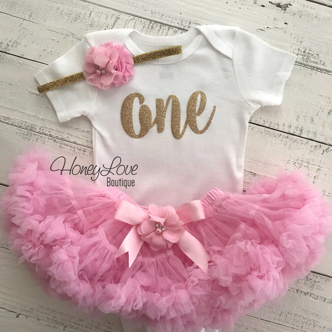 One - Birthday Outfit - Gold or Silver with light pink - embellished pettiskirt - HoneyLoveBoutique
