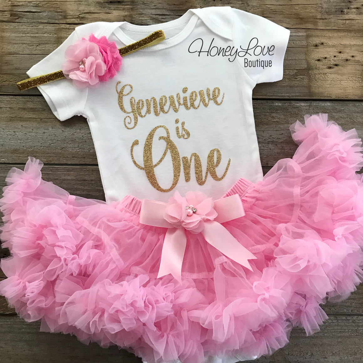 Personalized Name "is One" - 1st Birthday Outfit - Light Pink and Silver/Gold Glitter - embellished pettiskirt - HoneyLoveBoutique
