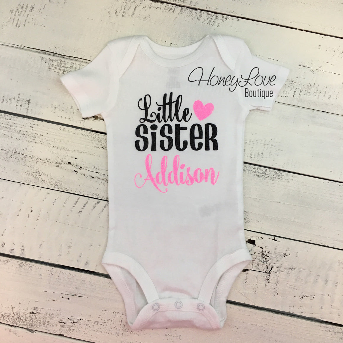 PERSONALIZED Sister Bodysuits and Shirts - Neon Pink Glitter and Black - HoneyLoveBoutique