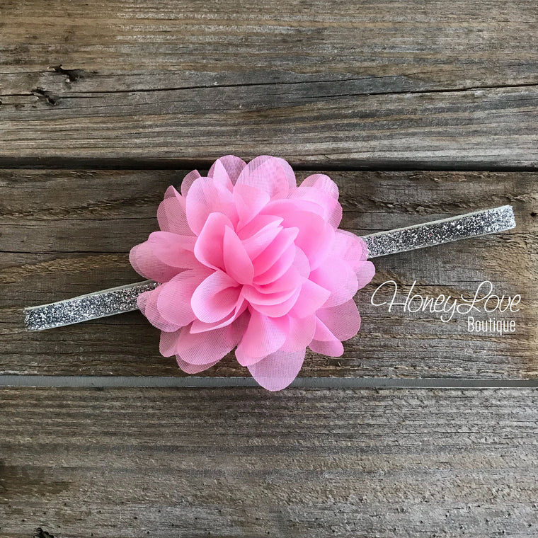 Light Pink fluffy flower headband - SILVER/GOLD glitter elastic - HoneyLoveBoutique
