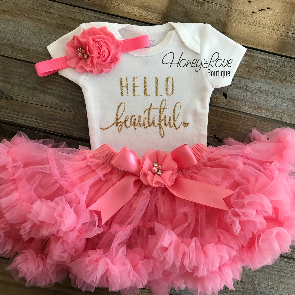 Hello Beautiful Outfit - Gold Glitter and Coral Pink Pettiskirt - HoneyLoveBoutique
