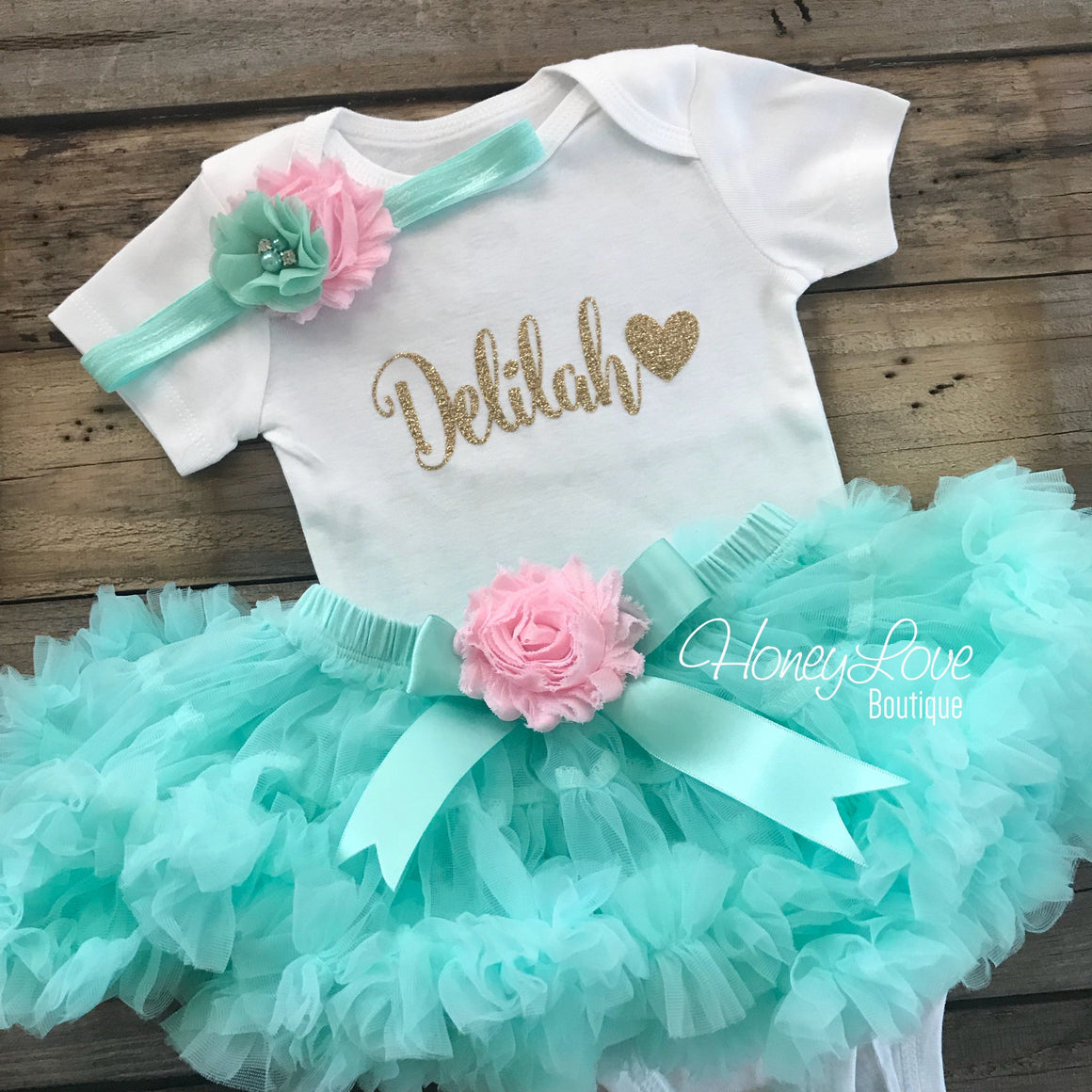 PERSONALIZED Name Outfit - Mint/Aqua and Gold Glitter - Light Pink shabby flower embellished pettiskirt - HoneyLoveBoutique