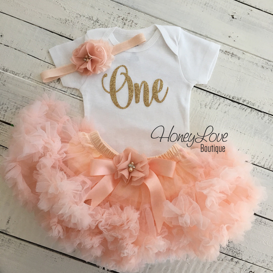 One - Birthday Outfit - Gold glitter and Peach - embellished pettiskirt - HoneyLoveBoutique