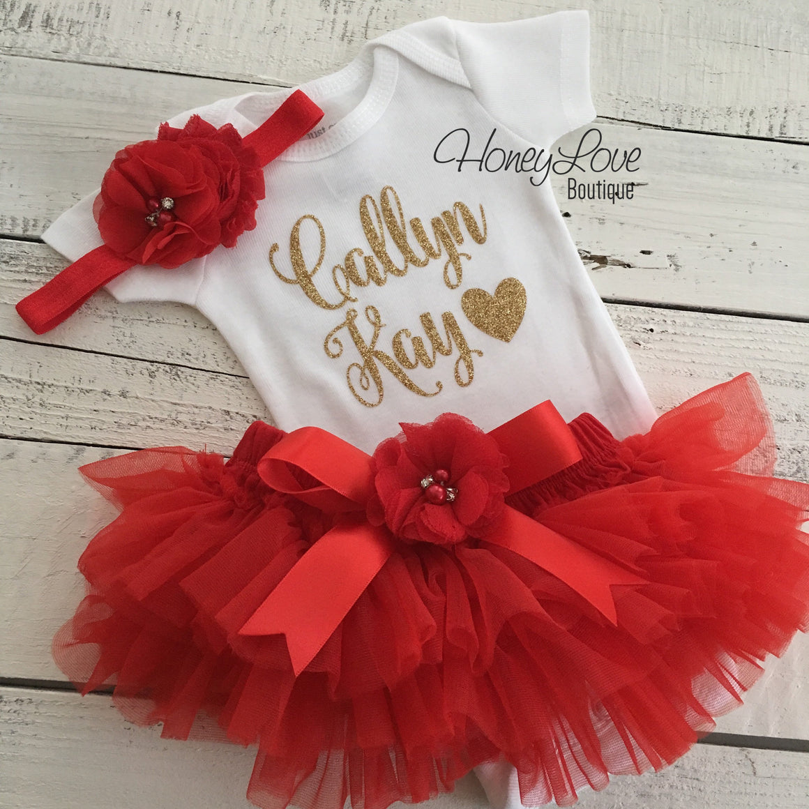PERSONALIZED Name Outfit - Red and Gold Glitter - Red flower embellished tutu skirt bloomers - HoneyLoveBoutique