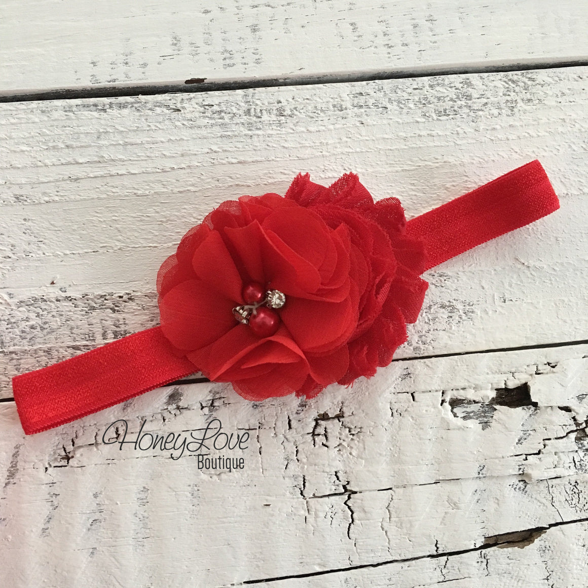 Red shabby chiffon flower rhinestone/pearl headband - HoneyLoveBoutique