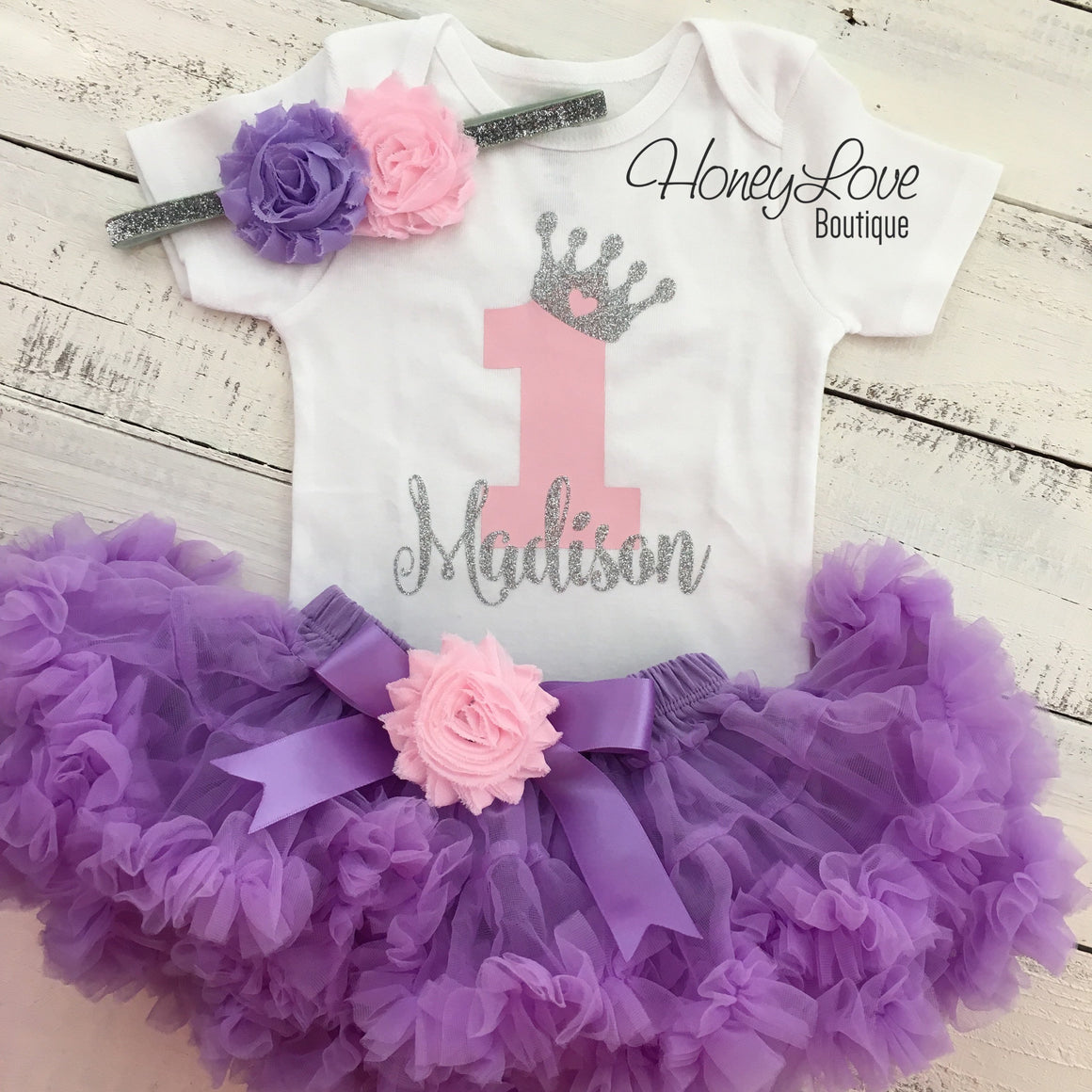 Personalized 1st Birthday Princess outfit - Lavender Purple, Light Pink and Silver/Gold glitter - HoneyLoveBoutique