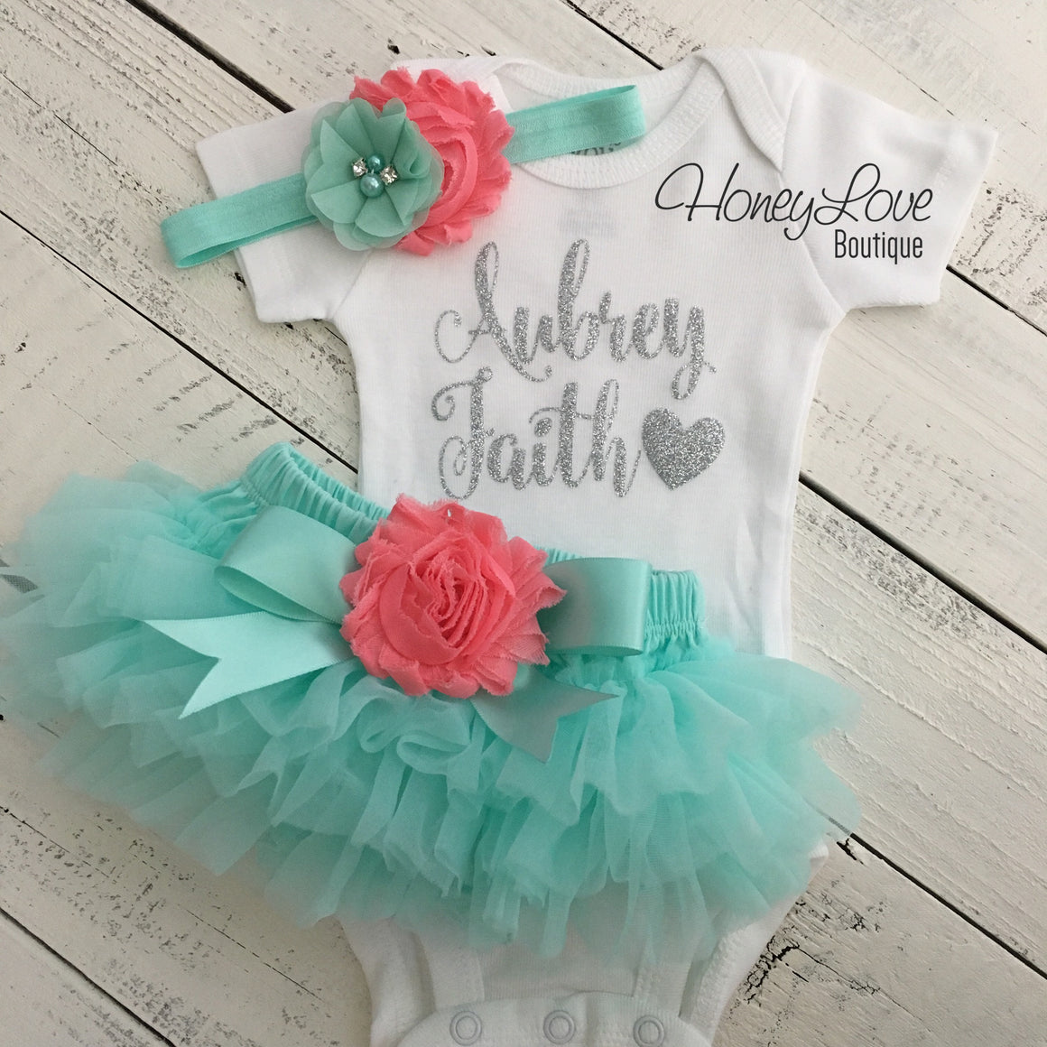 PERSONALIZED Name Outfit - Mint/Aqua and Silver Glitter - Coral flower embellished tutu skirt bloomers - HoneyLoveBoutique