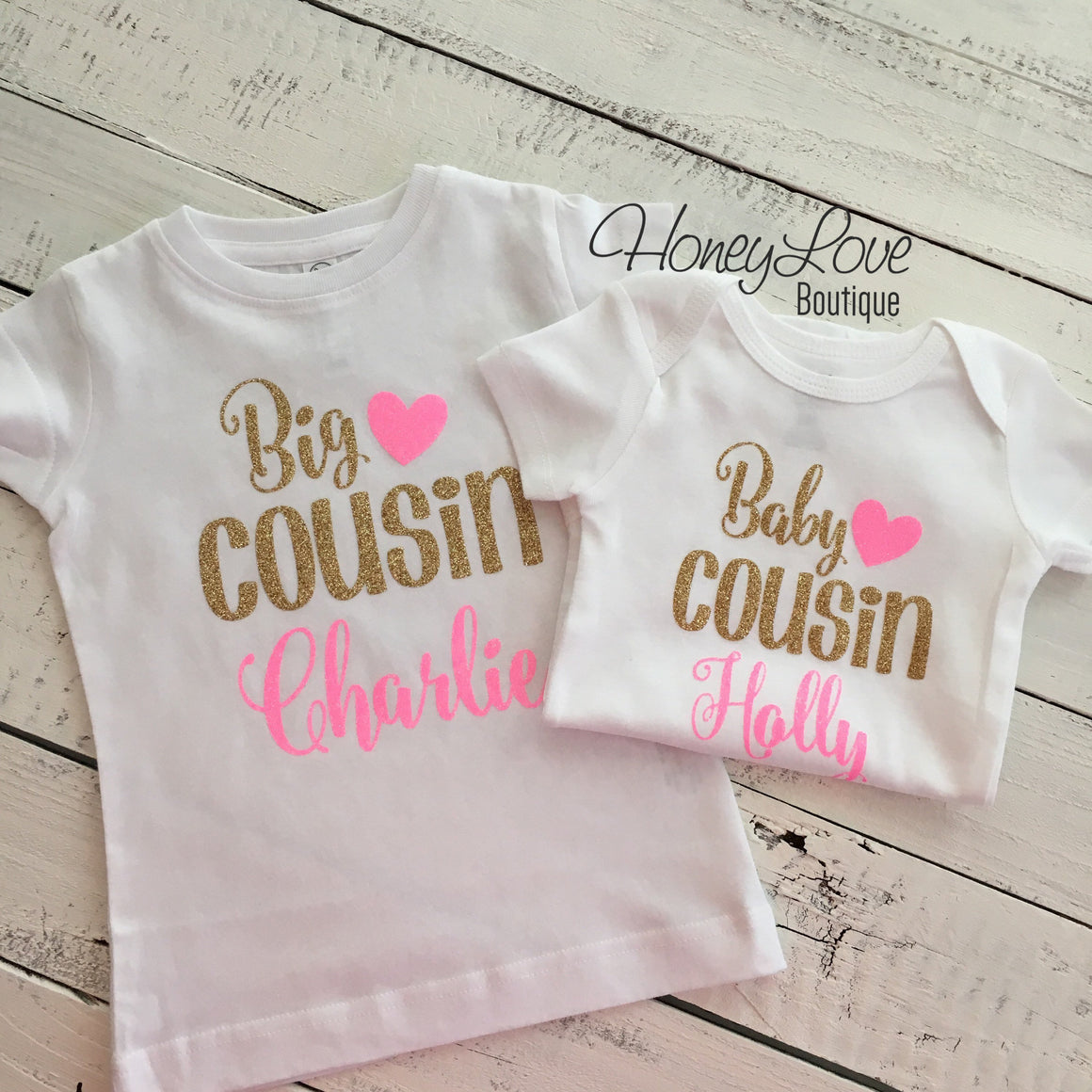 PERSONALIZED Cousin Bodysuits and Shirts - Gold Glitter and Neon Pink Glitter - HoneyLoveBoutique