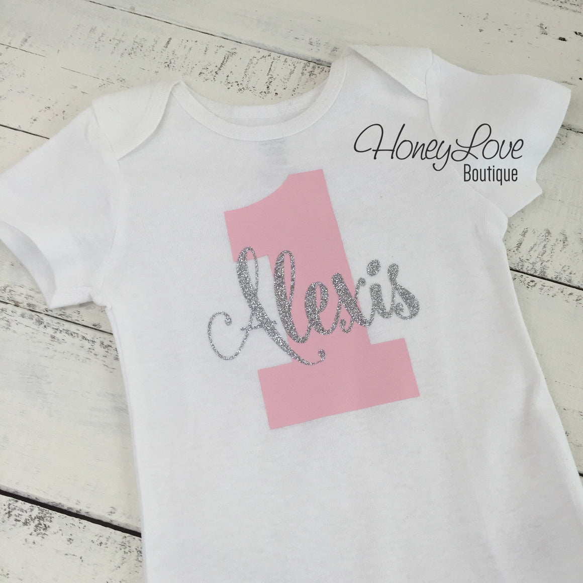 Personalized 1st Birthday Bodysuit - Light Pink and Gold/Silver glitter - HoneyLoveBoutique