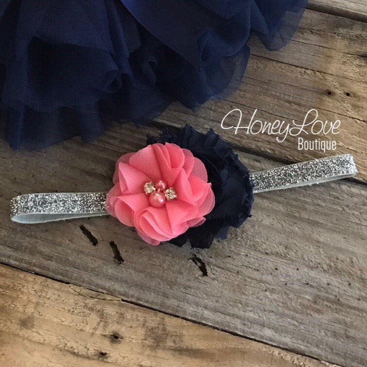 PERSONALIZED Name Outfit - Navy Blue and Silver Glitter - Coral Pink rhinestone/pearl flower embellished tutu skirt bloomers - HoneyLoveBoutique