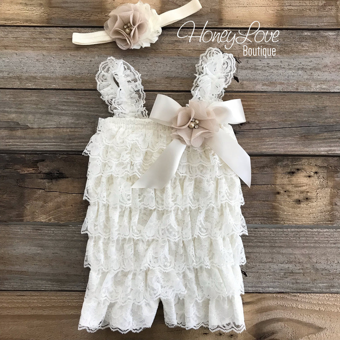 Lace Petti Romper - Ivory and matching flower headband - HoneyLoveBoutique