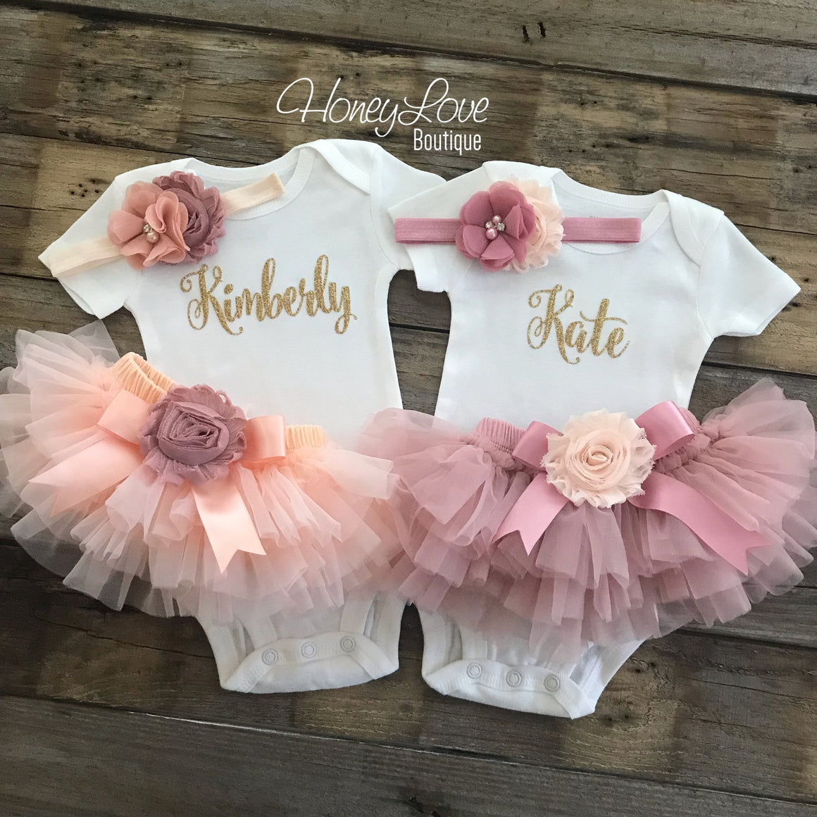 TWIN GIRLS! Peach and Vintage Pink Personalized Name Outfits - Gold, Silver or Rose Gold glitter - HoneyLoveBoutique