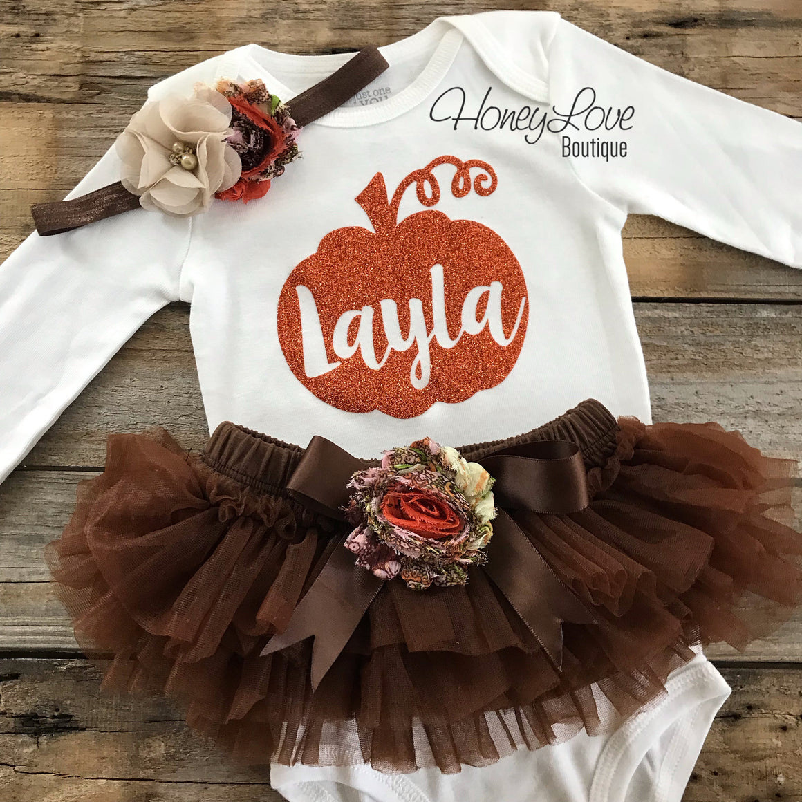 PERSONALIZED Pumpkin Thanksgiving Fall Halloween outfit - Brown embellished tutu skirt bloomers - HoneyLoveBoutique