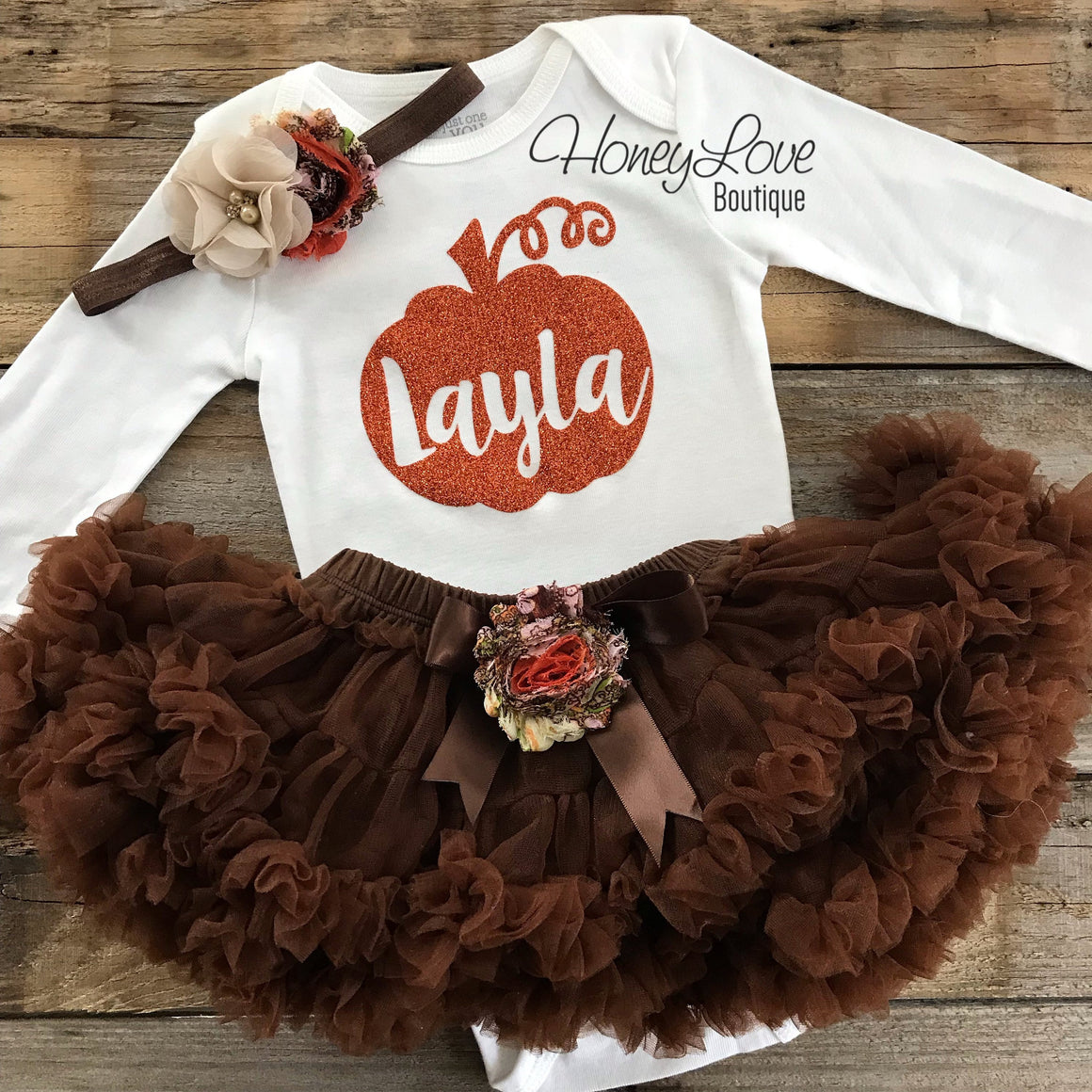 PERSONALIZED Pumpkin Thanksgiving Fall Halloween outfit - Brown embellished pettiskirt - HoneyLoveBoutique