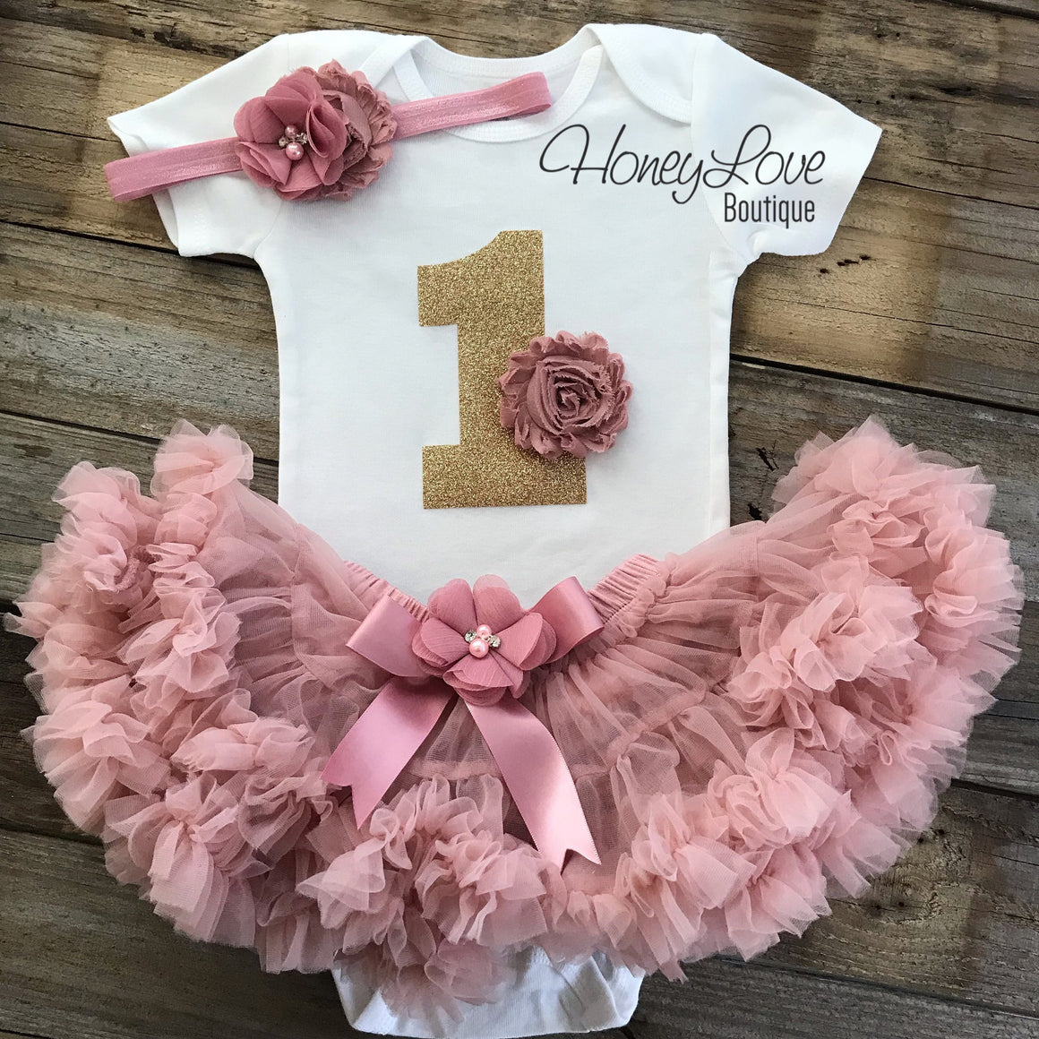 1st Birthday Outfit - Vintage Pink and Gold glitter - HoneyLoveBoutique