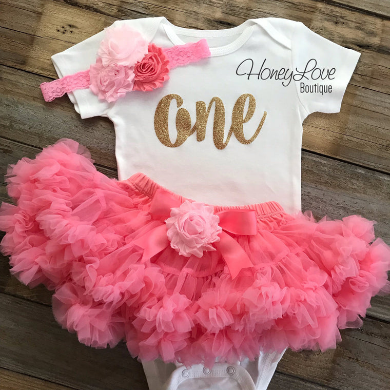 One - Birthday Outfit - Coral Pink and Gold Glitter - embellished pettiskirt - HoneyLoveBoutique