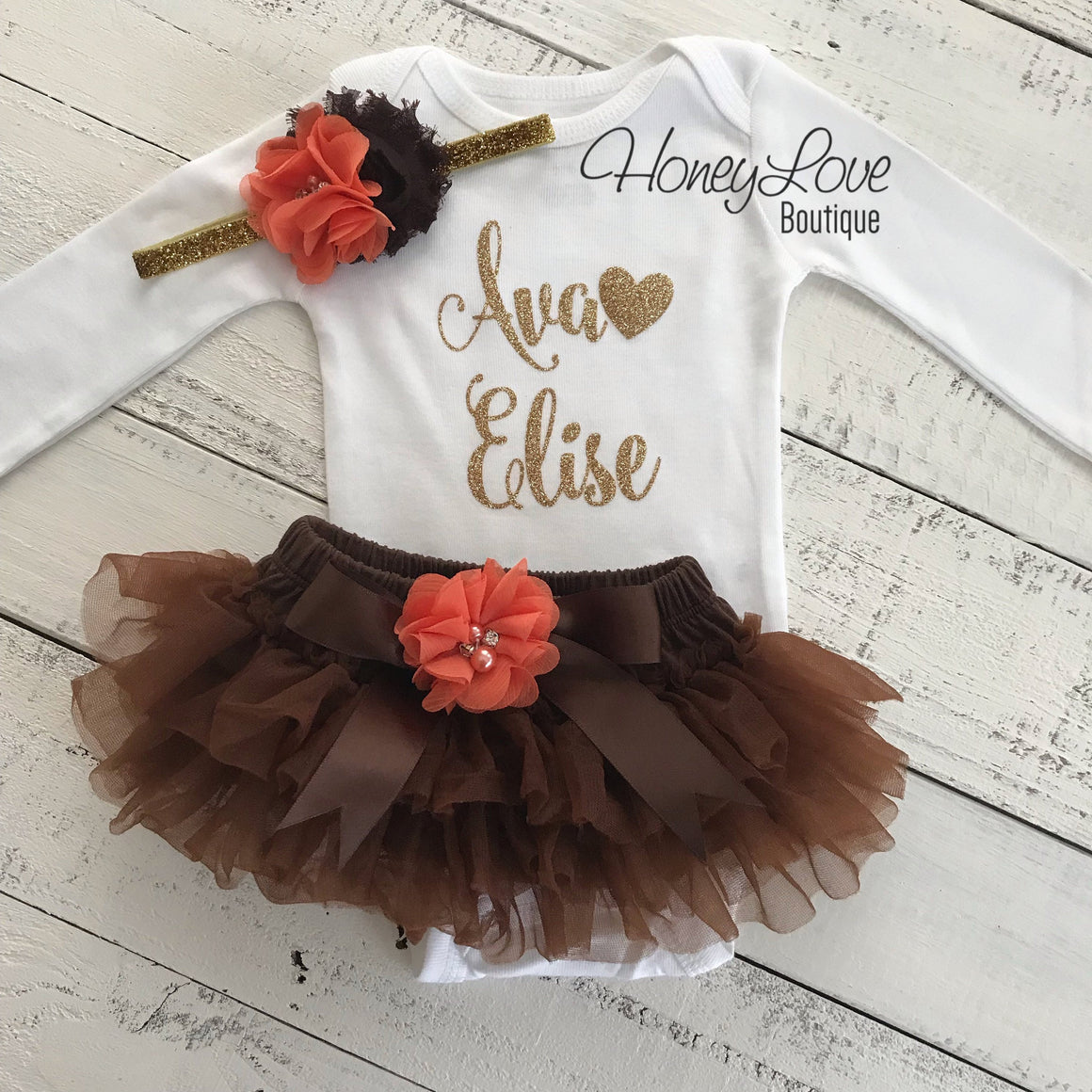 PERSONALIZED Name Outfit - Gold Glitter, Brown and Orange - embellished tutu skirt bloomers - HoneyLoveBoutique