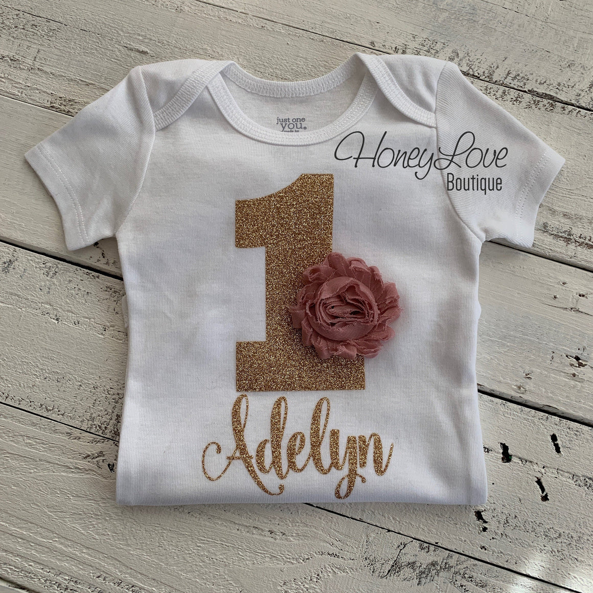 Personalized 1st Birthday Outfit - Vintage Pink and Gold glitter - HoneyLoveBoutique