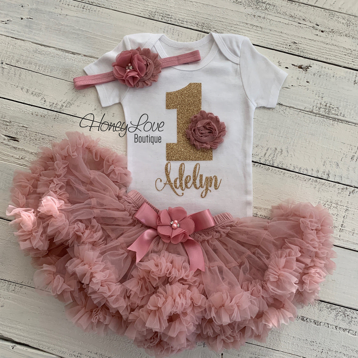 Personalized 1st Birthday Outfit - Vintage Pink and Gold glitter - HoneyLoveBoutique