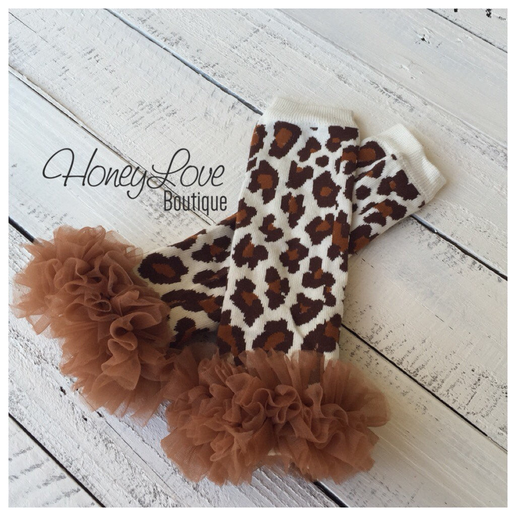 Brown ruffle bloomers diaper cover  - Leopard print ruffle bottom leg warmers - matching headband - HoneyLoveBoutique