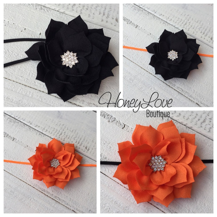 Halloween Headband - Orange and Black - Rhinestone Lotus Flower - HoneyLoveBoutique