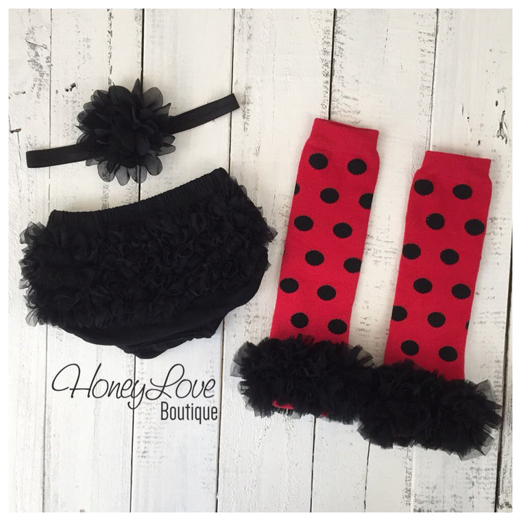 Red and Black Polka Dot leg warmers, black ruffle bottom bloomer, and black flower headband - HoneyLoveBoutique