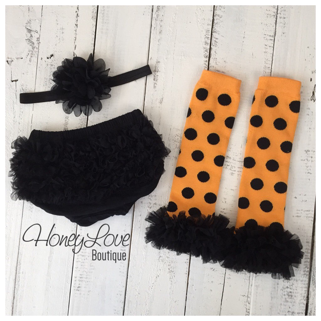 Halloween Set - Orange and black polka dot leg warmers - black ruffle bloomer - matching flower headband - HoneyLoveBoutique