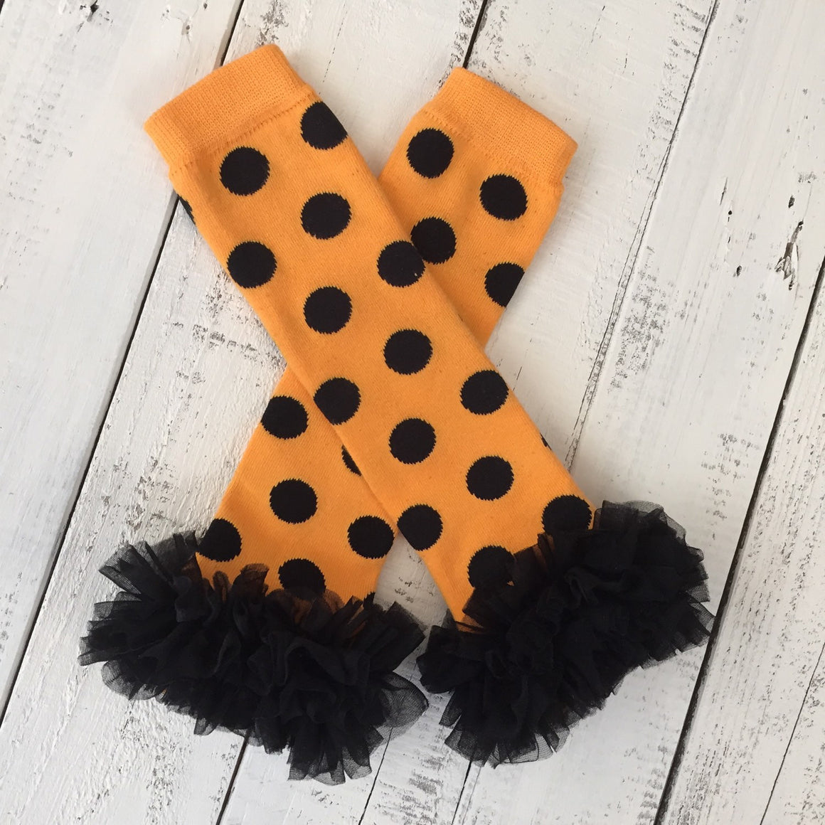 Halloween Set - Orange and black polka dot leg warmers - black ruffle bloomer - matching flower headband - HoneyLoveBoutique