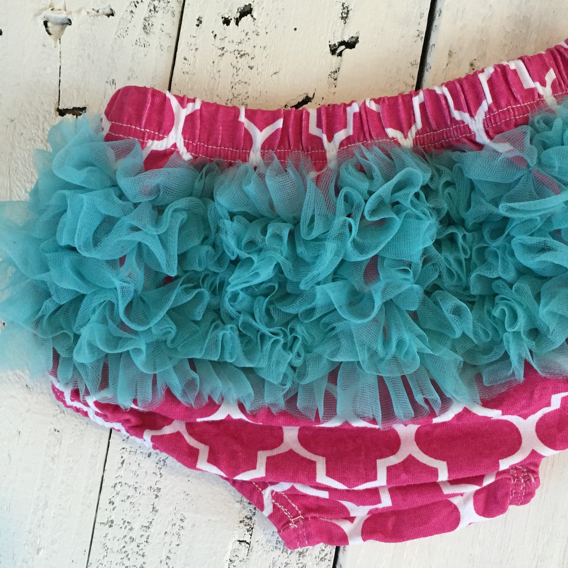 SALE! Bloomers  - Pink and White Quatrefoil with Teal Blue Ruffles - HoneyLoveBoutique