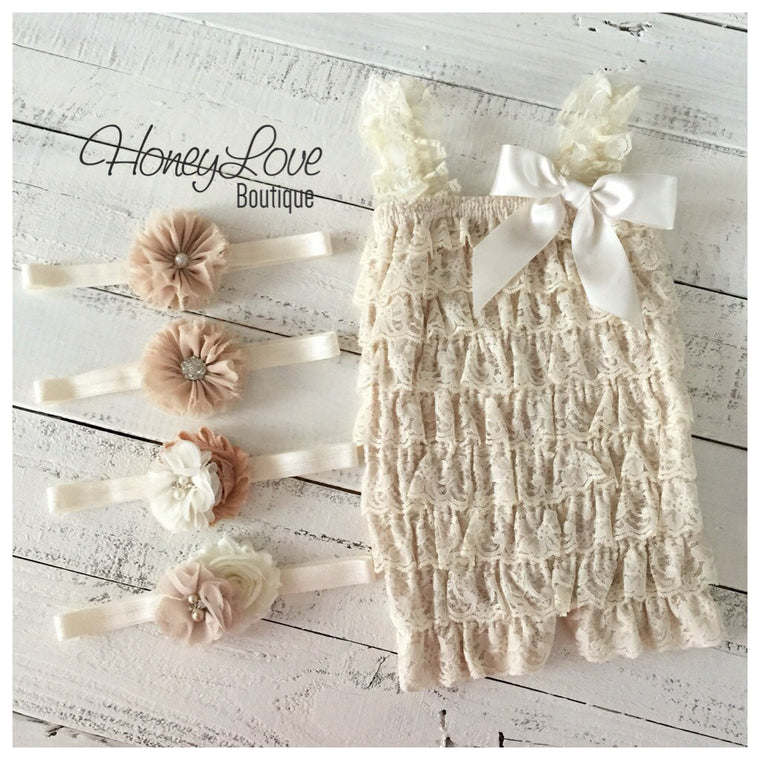 Lace Petti Romper - Champagne and matching flower headband - HoneyLoveBoutique
