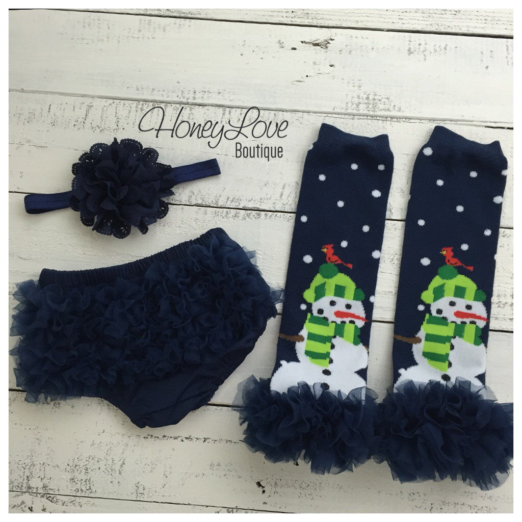Snowman leg warmers, matching navy flower headband and ruffle bottom bloomers - HoneyLoveBoutique
