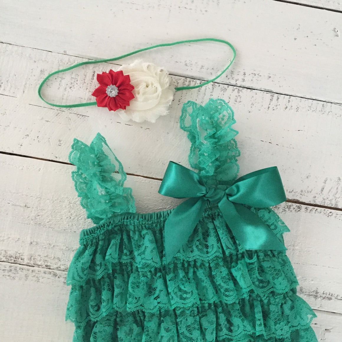 Lace Petti Romper - Embellished Christmas Green with matching headband - HoneyLoveBoutique