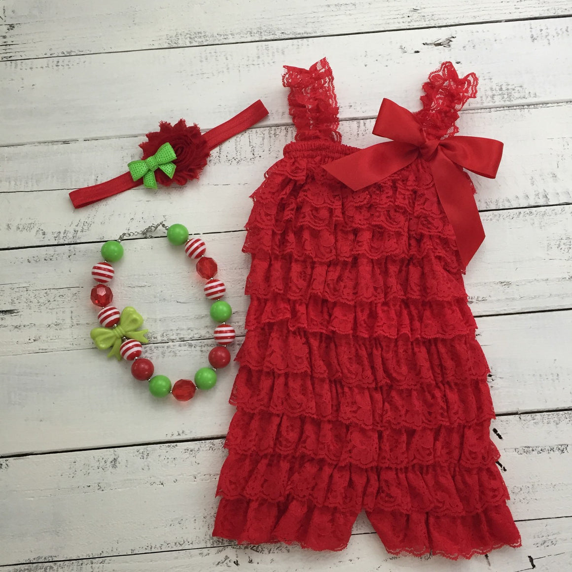 Christmas Red Lace Petti Romper and optional necklace - HoneyLoveBoutique