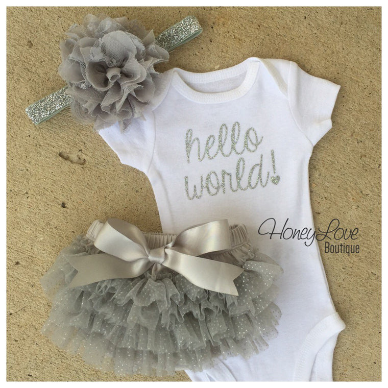 Hello World! Silver Glitter and Gray/Silver Glitter tutu skirt bloomers - HoneyLoveBoutique