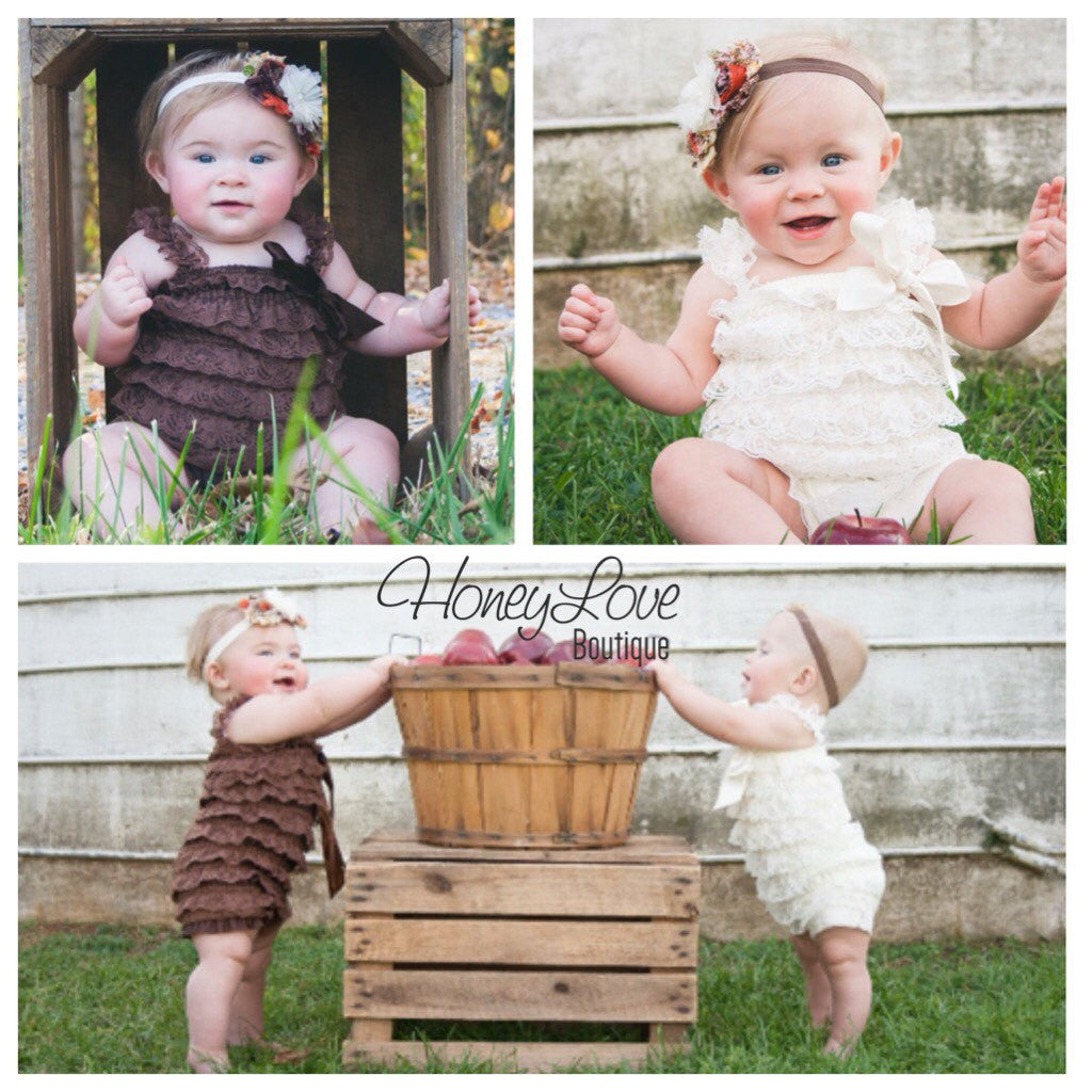 Lace Petti Romper - Embellished Orange Ivory Brown Champagne romper and matching headband - HoneyLoveBoutique