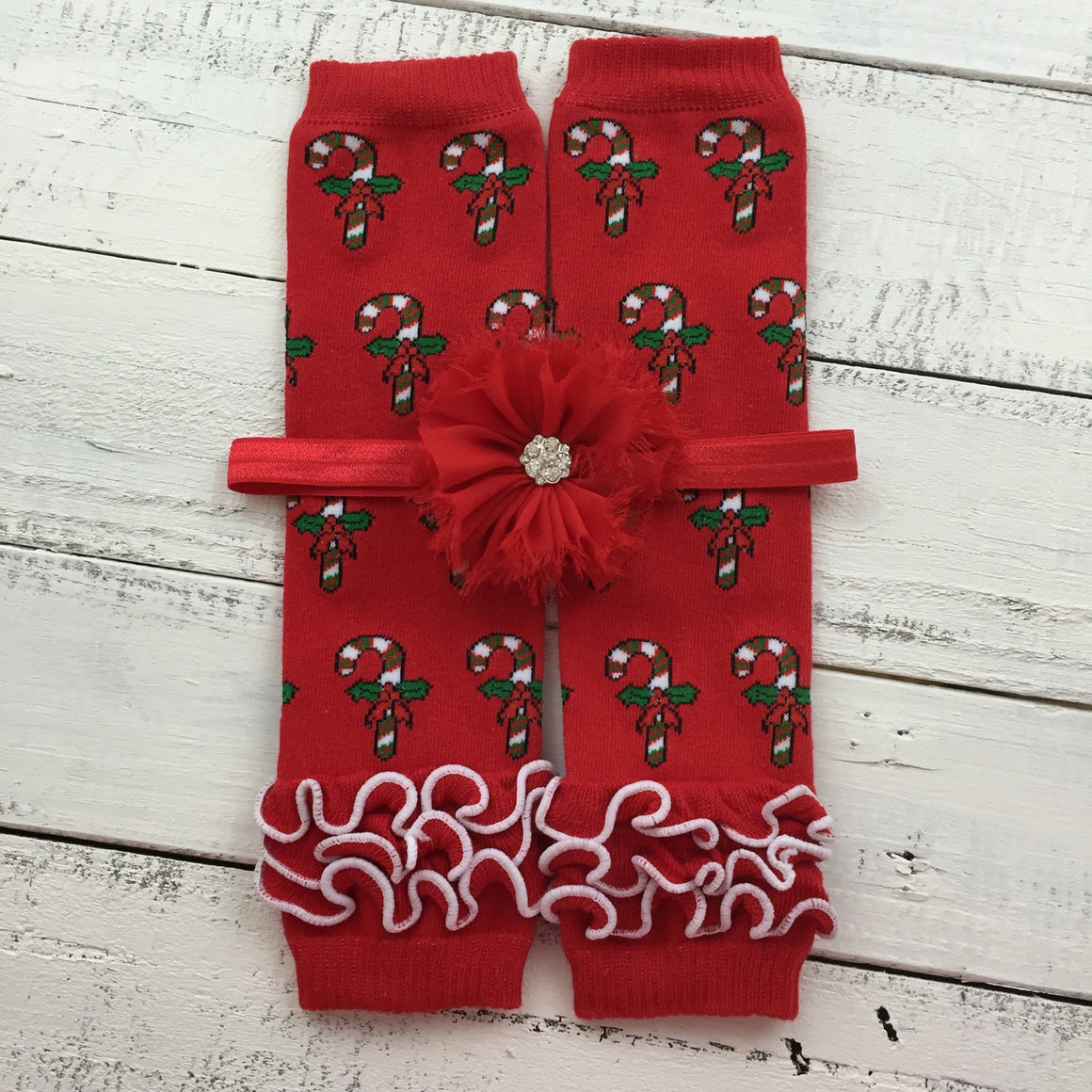 Red Candy Cane leg warmers and your choice of headband - HoneyLoveBoutique