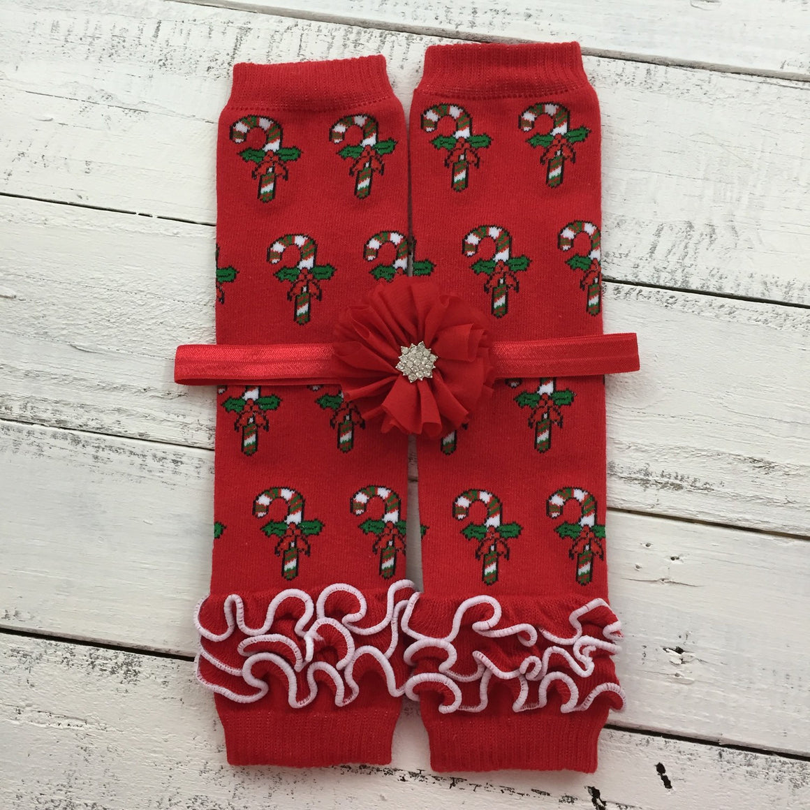 Red Candy Cane leg warmers and your choice of headband - HoneyLoveBoutique