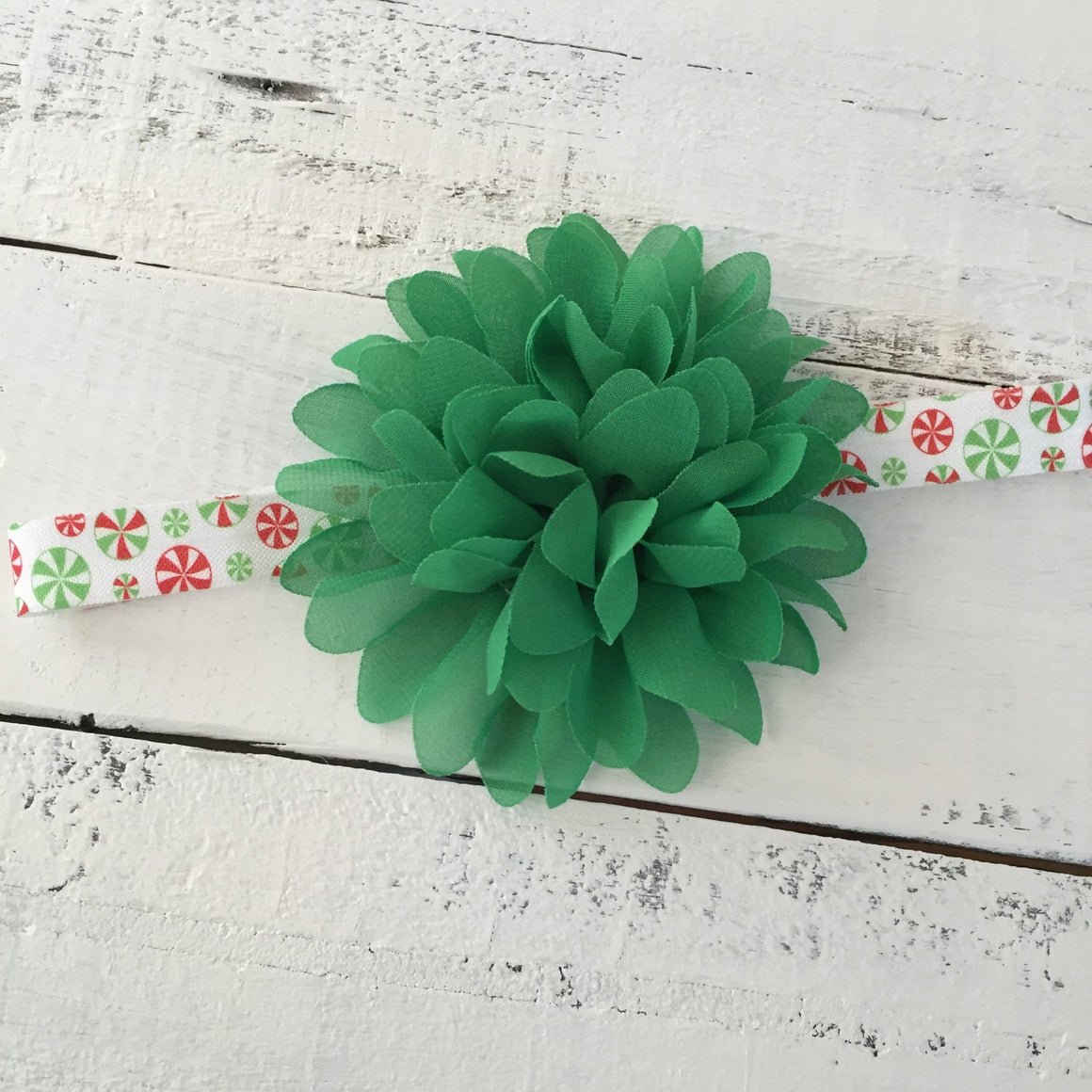 Christmas Green flower headband  - choose elastic! - HoneyLoveBoutique