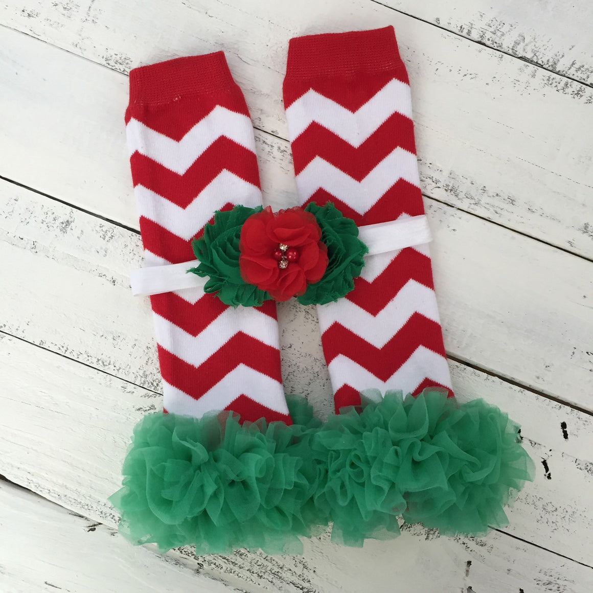 Red/White/Green Chevron leg warmers, matching headband, green ruffle bottom bloomers - HoneyLoveBoutique