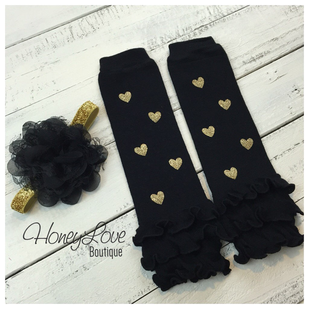 Black Leg Warmers with Gold Glitter Hearts and matching headband - HoneyLoveBoutique