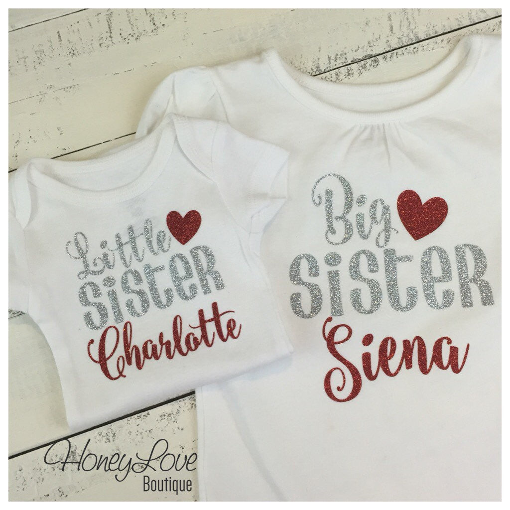 PERSONALIZED Sister Bodysuits and Shirts - Silver and Red Glitter - HoneyLoveBoutique