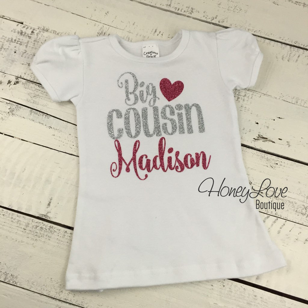 PERSONALIZED Cousin Bodysuits and Shirts - Silver Glitter and Dark Pink Glitter - HoneyLoveBoutique