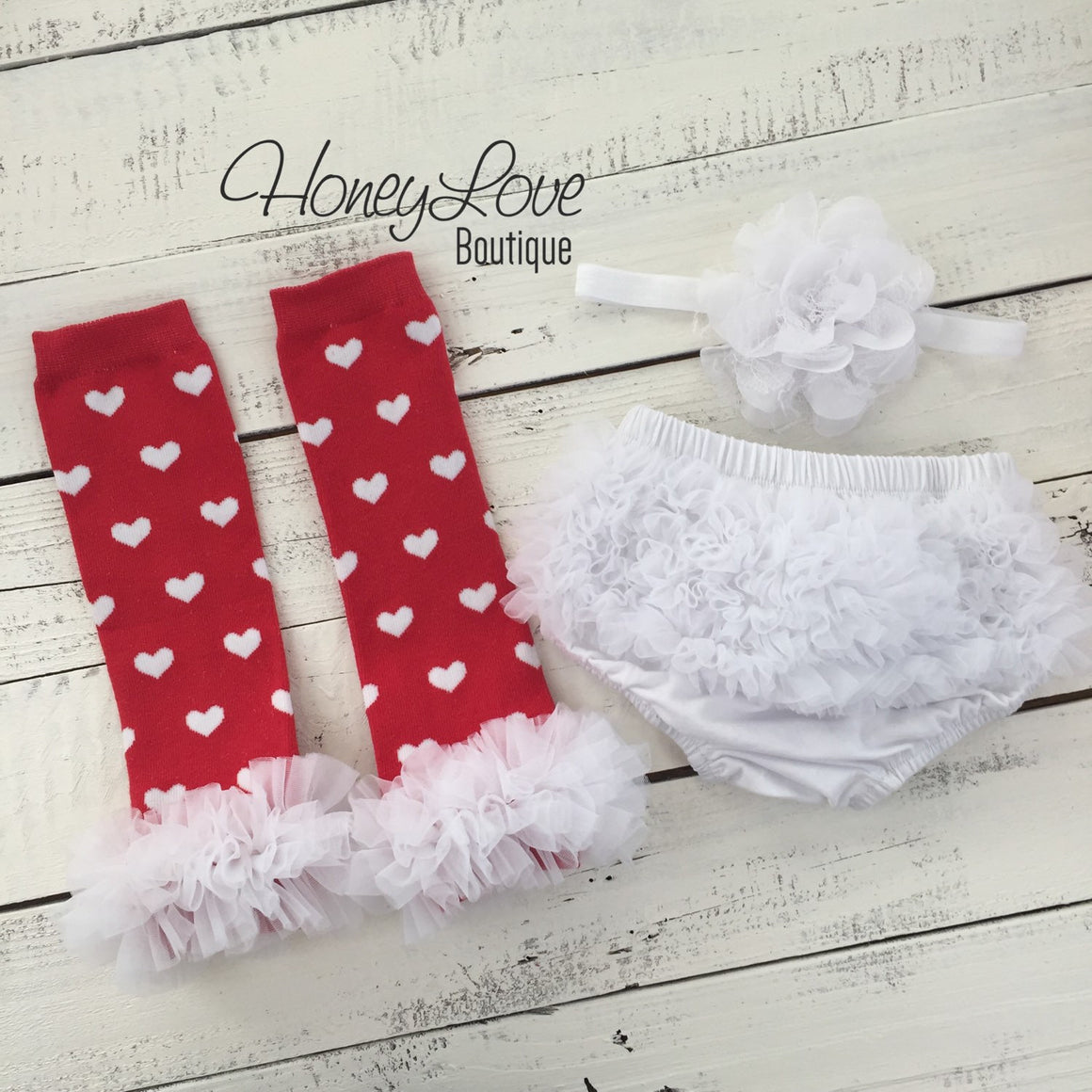Red and White heart leg warmers, white flower headband, ruffle bottom bloomers - HoneyLoveBoutique