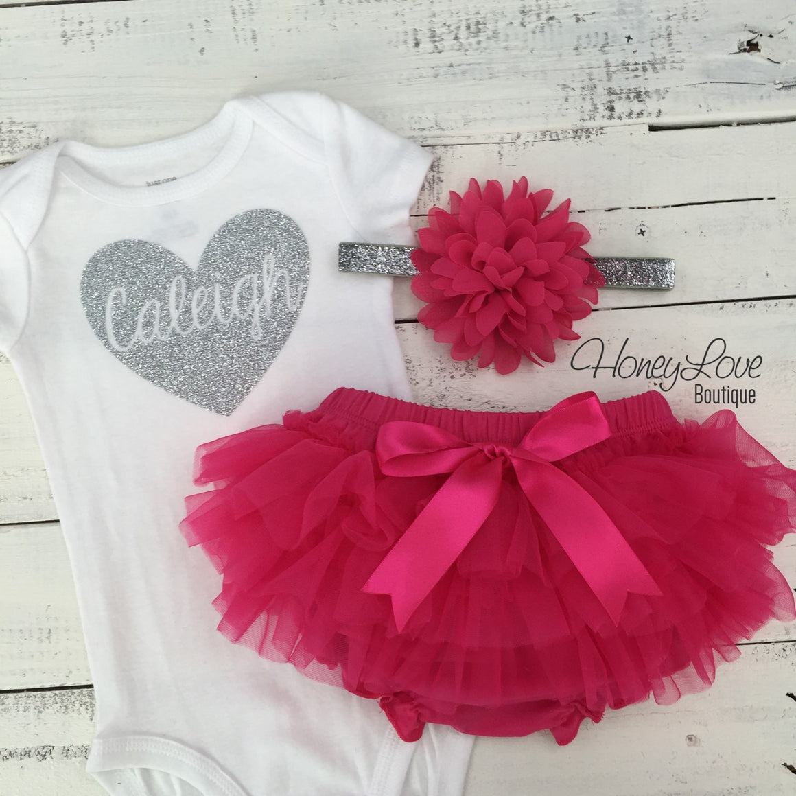 PERSONALIZED Name inside Heart - Watermelon Pink and Silver/Gold Glitter - tutu skirt bloomer - HoneyLoveBoutique
