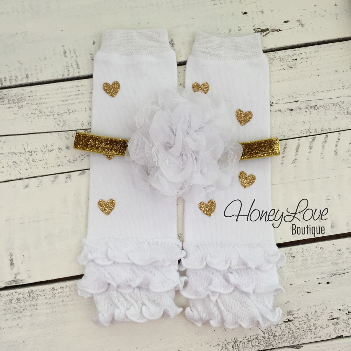 White and gold glitter heart ruffle bottom leg warmers and matching headband - HoneyLoveBoutique