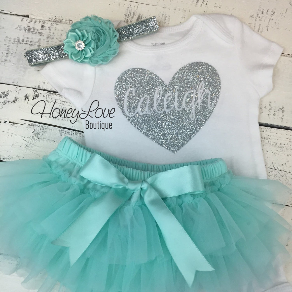 PERSONALIZED Name inside Heart - Silver Glitter and Mint/Aqua - HoneyLoveBoutique