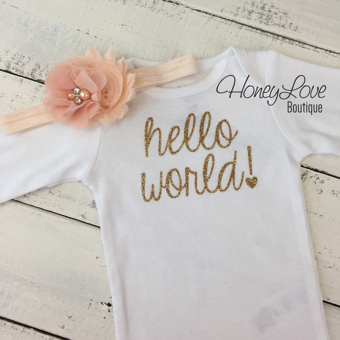 hello world! Outfit - Peach and Gold - HoneyLoveBoutique